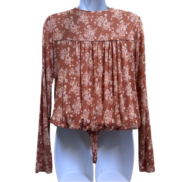 Free People Turnt Wrap Bodysuit - Rust Floral Wrap-Style Long Sleeve Top - Women - Picture 5 of 7